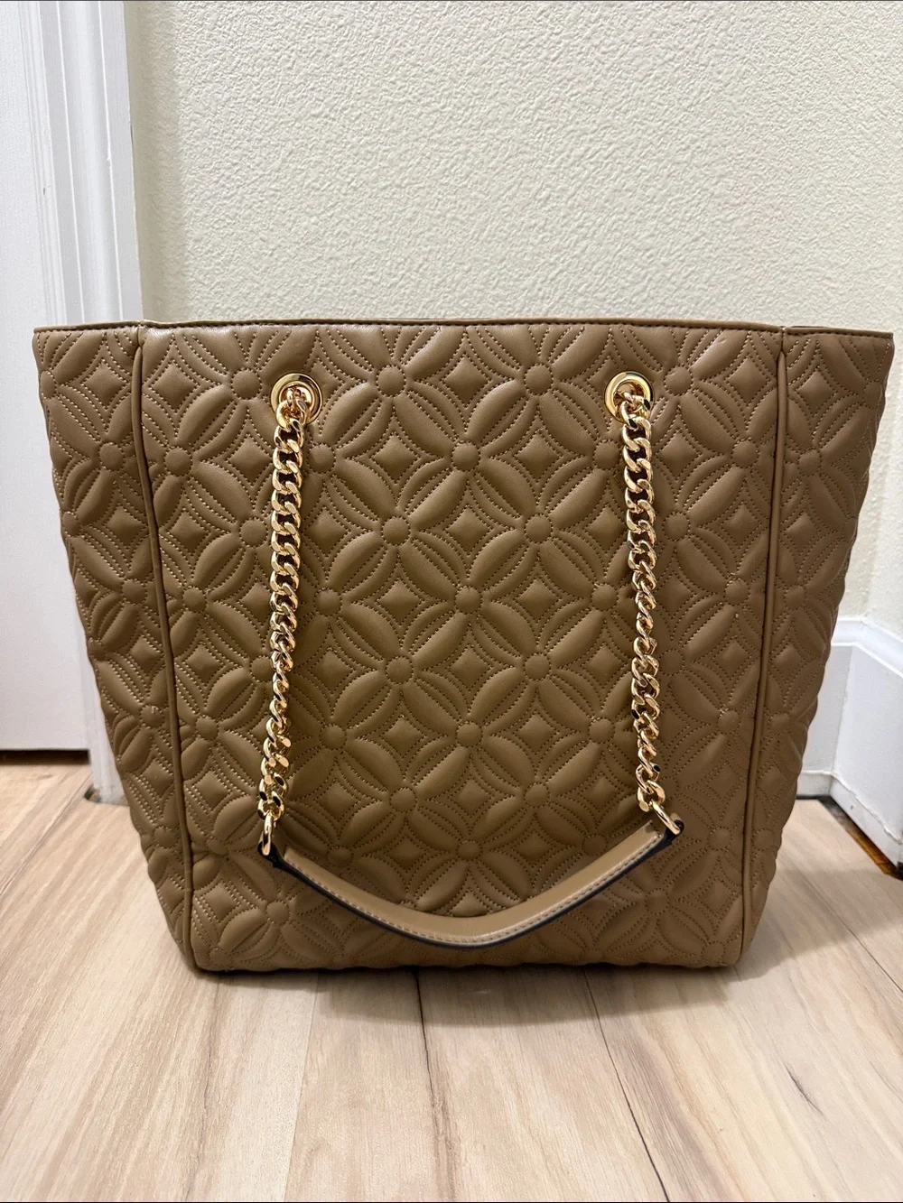 Michael Kors Quilted Taupe Blaire Tote with Gold Chain Straps